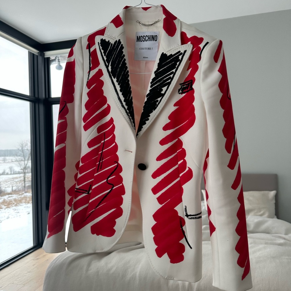 Moschino Red and White Blazer with Abstract Pattern